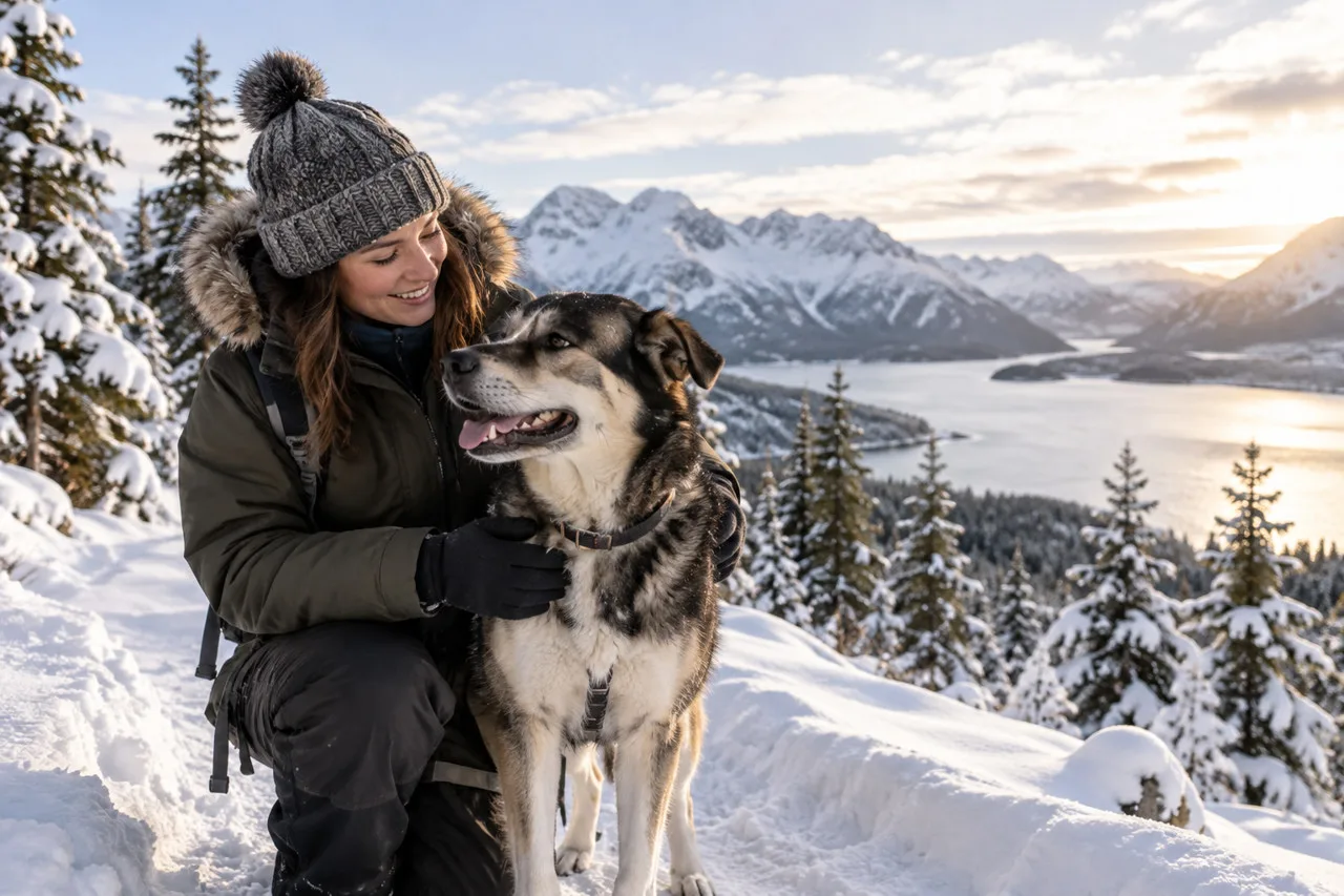 Owner and a dog outdoors in a snowy mountain landscape