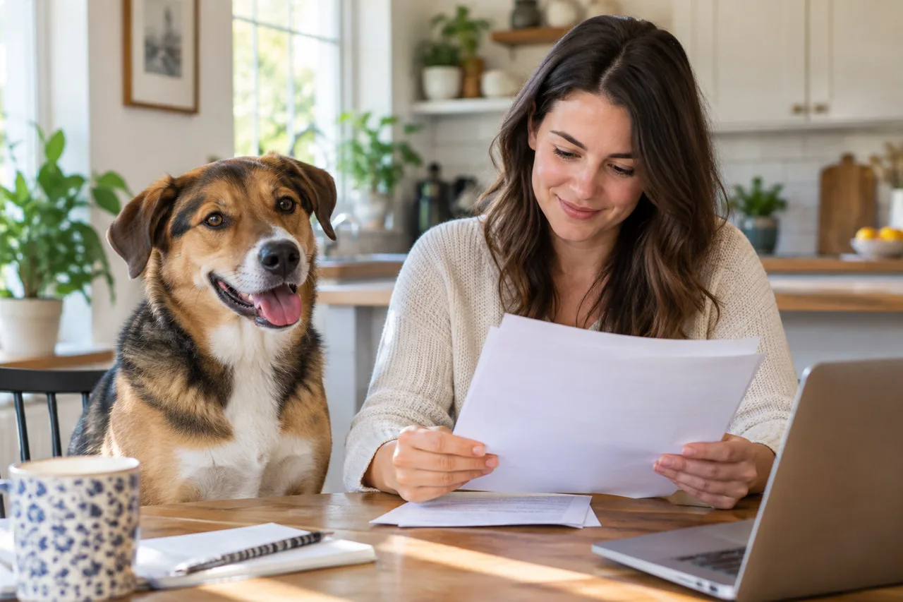 Owner reading papers with a dog nearby